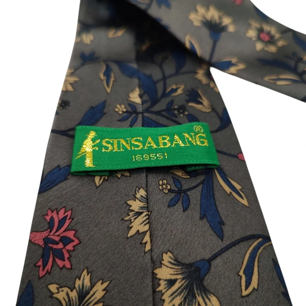 Vintage‎ Sinsabang Silk Necktie Mens Tie Gray Blue Floral Made In Korea